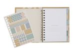 An open planner with a sticker sheet featuring arrows, circles, stars, and labels like 'To do' and 'Important'.
