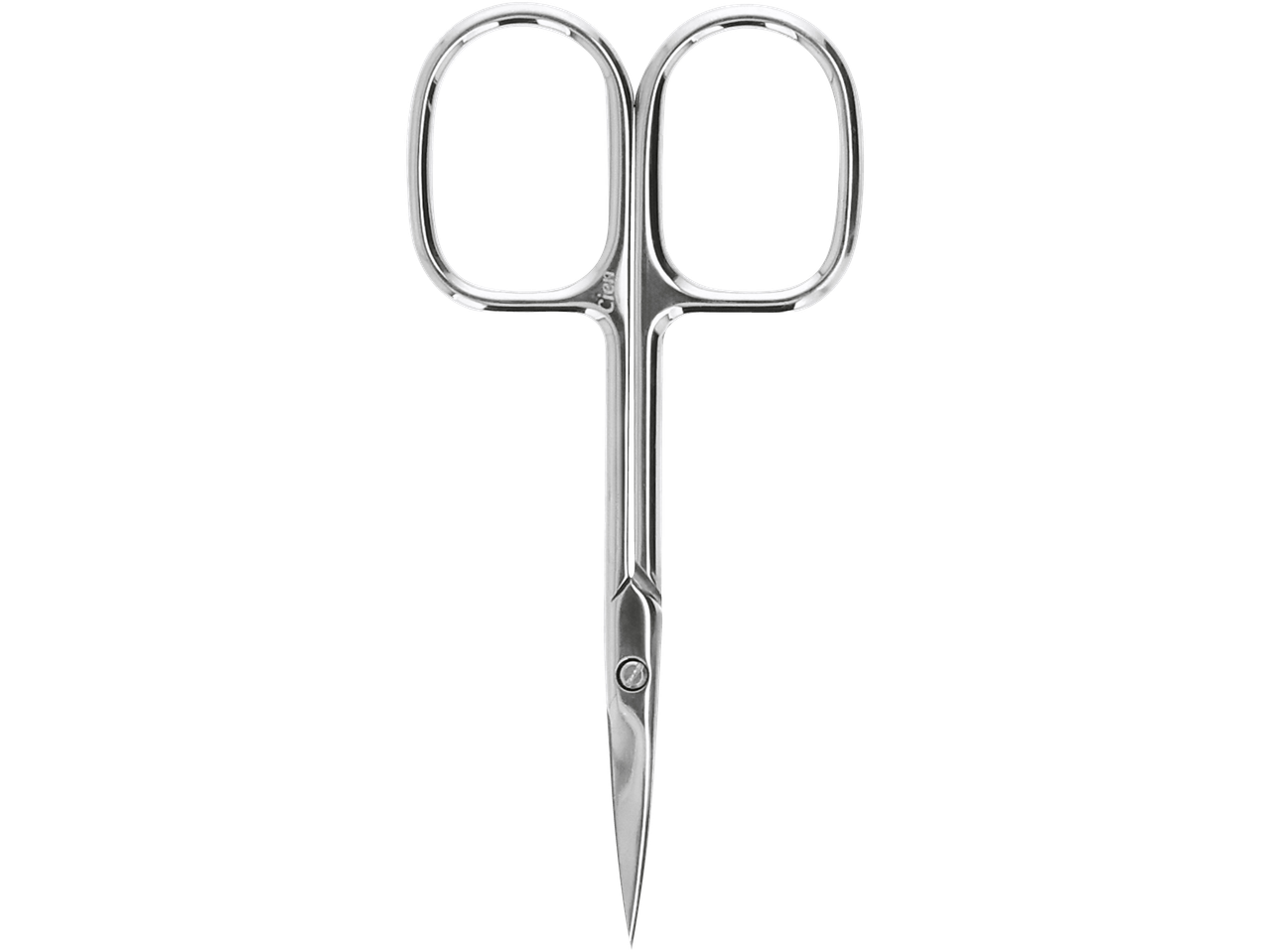 Tesoura de manicure metálica com pontas finas e anéis ovais.