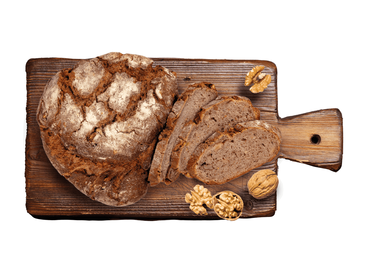 Geschnittenes Walnussbrot auf einem Holzbrett mit ganzen Walnüssen.