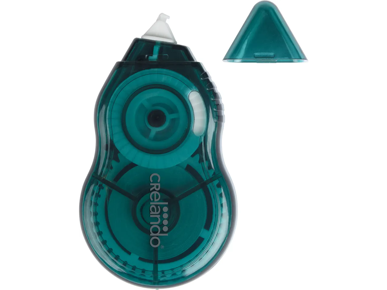 Groene correctieroller met afneembare dop, interne mechanismen zichtbaar.