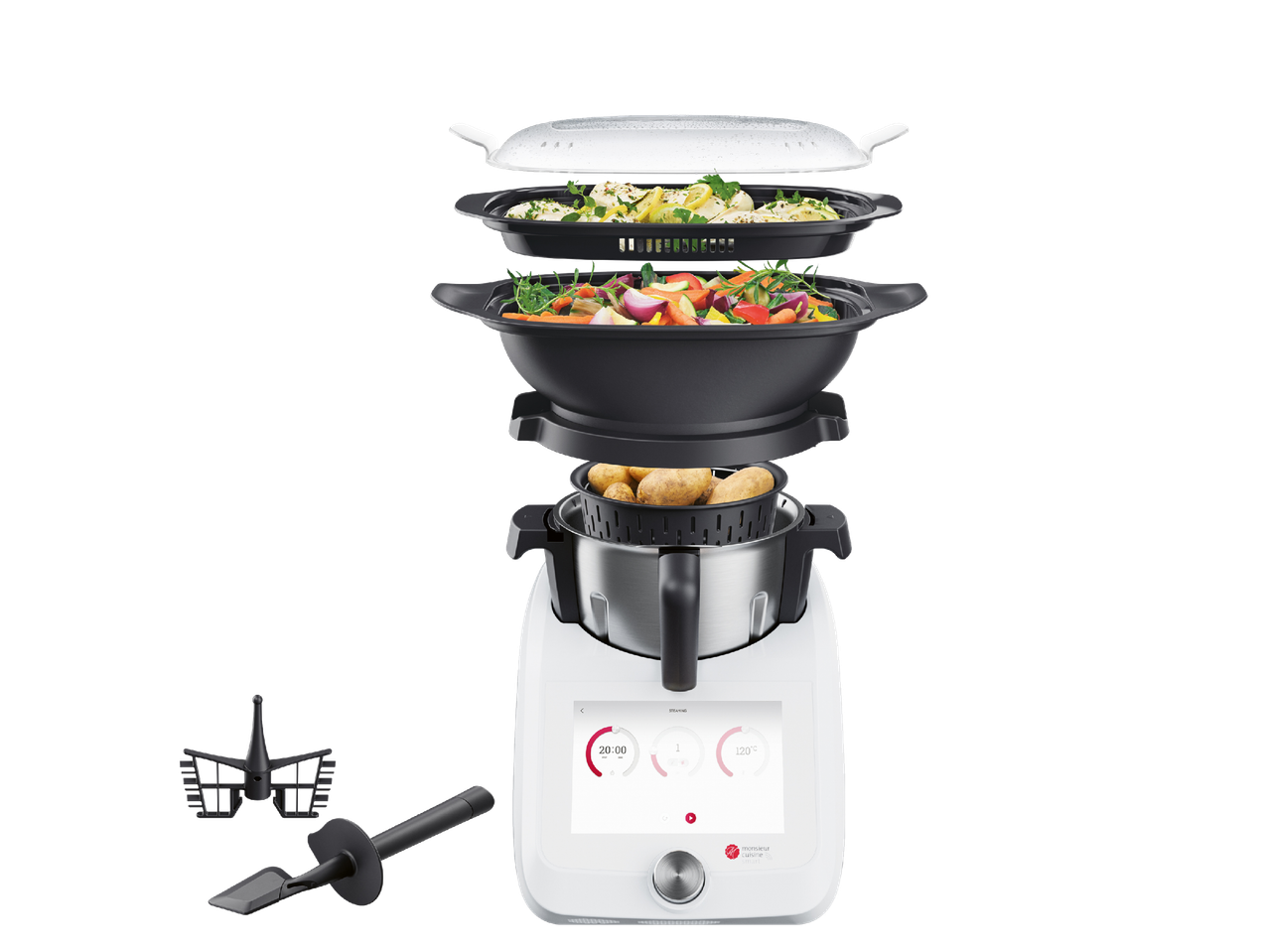 Мултикукър с аксесоари за готвене на пара, включително купа с картофи, зеленчуци и риба.