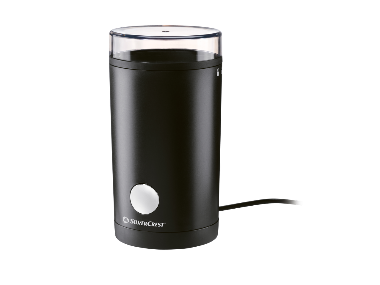 Black electric coffee grinder with a transparent lid and a silver button on the front.