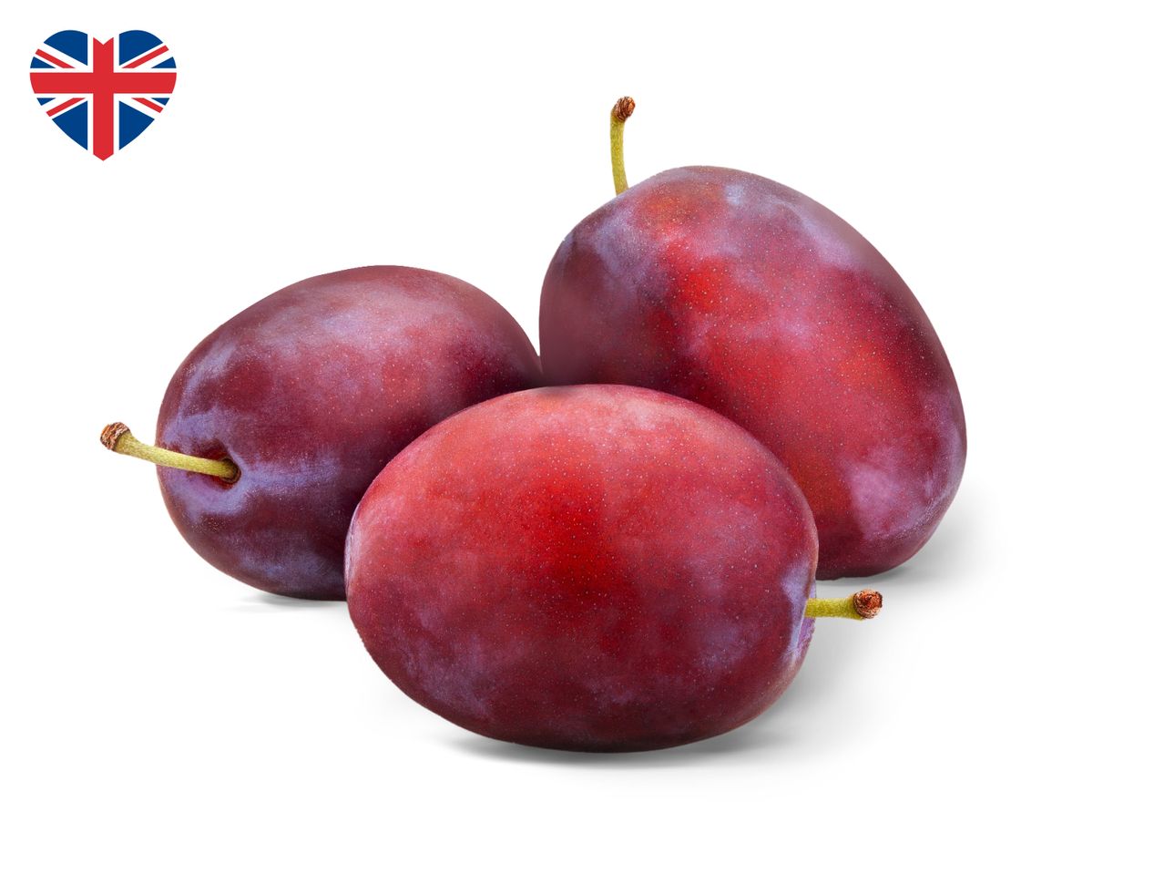 Three ripe red plums with a heart-shaped British flag in the top left corner.