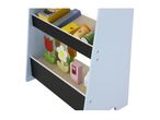Wooden toy shop shelf with play food items like cereal, pasta, cheese, and drinks, plus flower decorations.