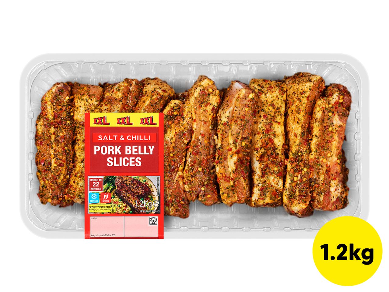 XXL Salt & Chilli Pork Belly Slices in a tray, 1.2kg, cooks in 22 minutes.