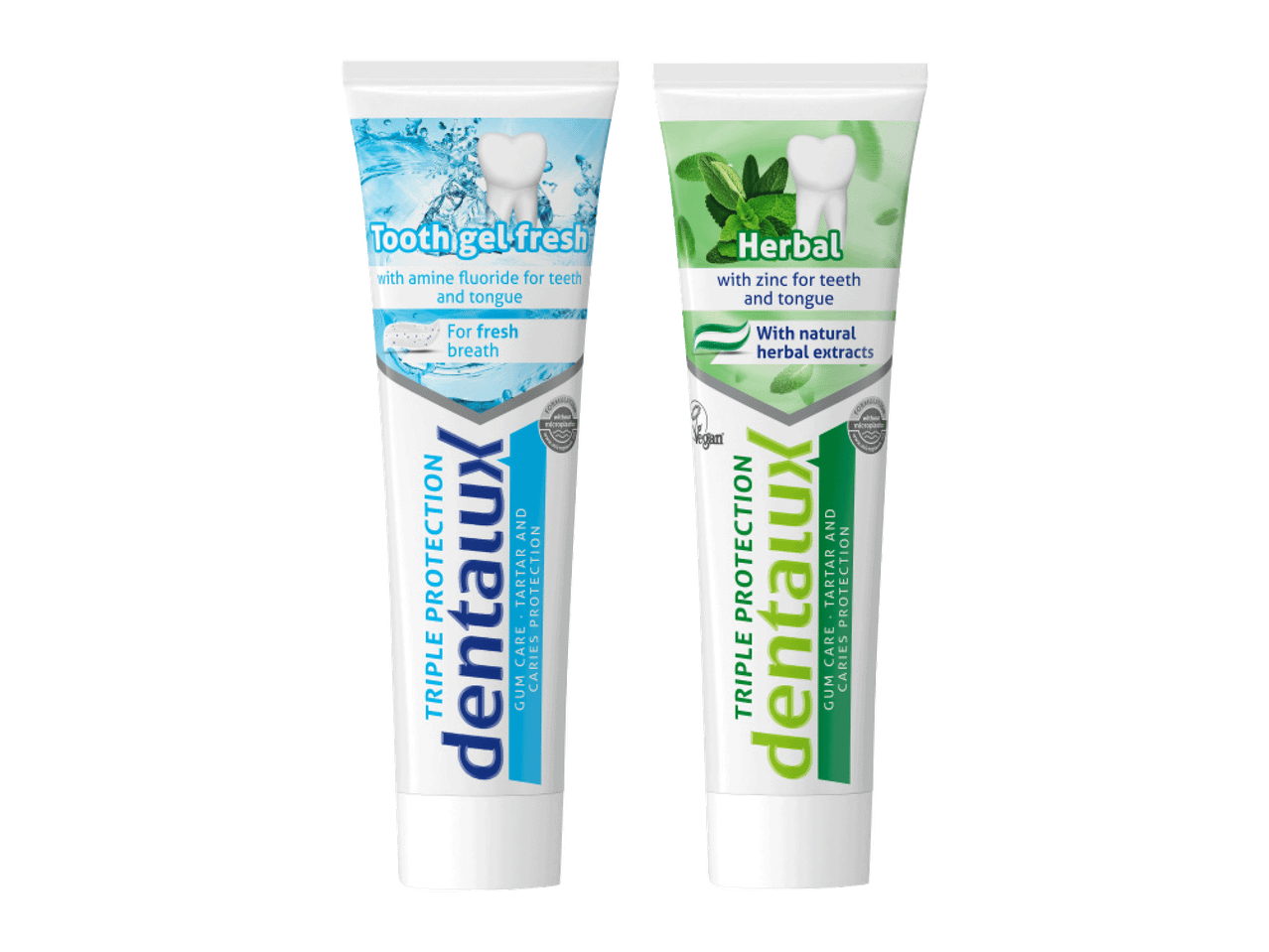 Dve tube paste za zube: jedna plava „Tooth gel fresh“ i jedna zelena „Herbal“.