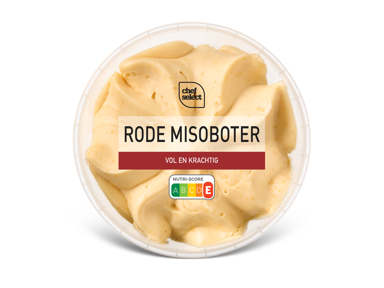 Rode misoboter in een ronde verpakking met de tekst 'VOL EN KRACHTIG' en Nutri-Score E.
