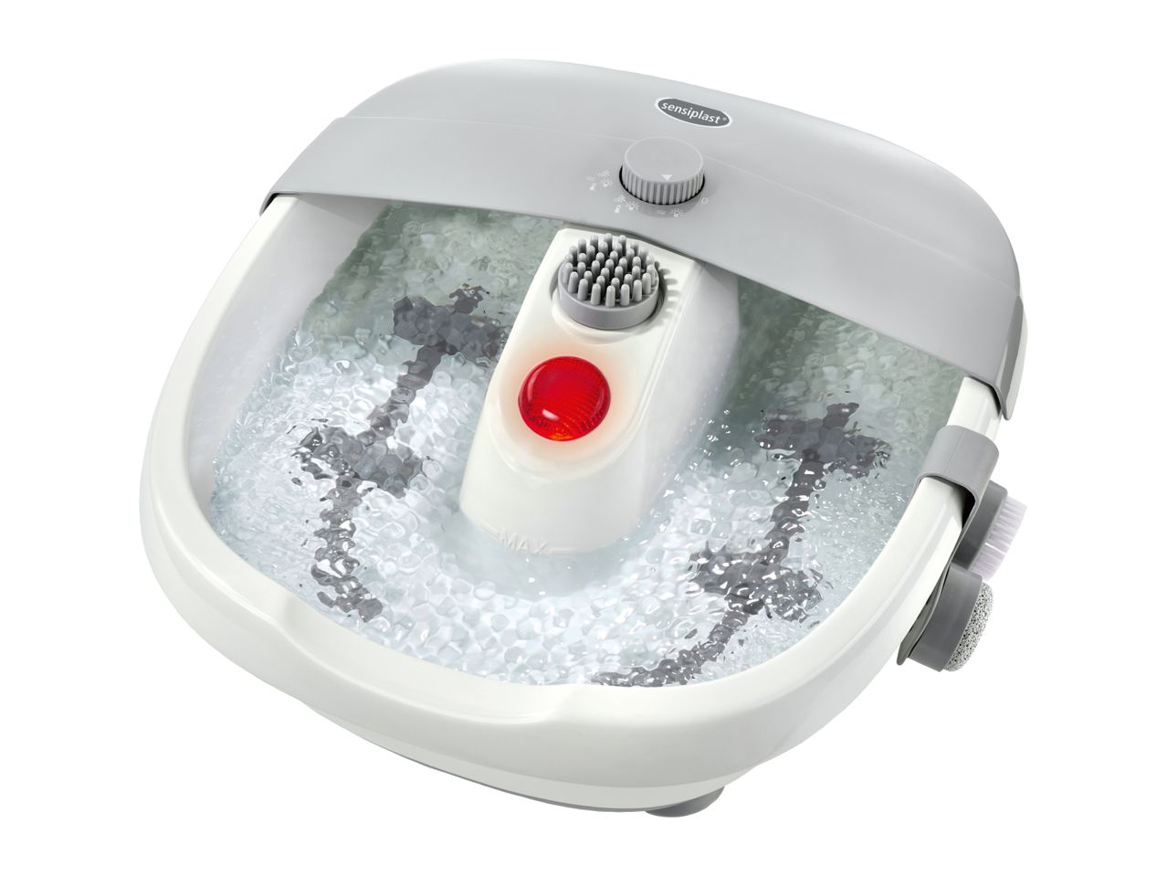 A Sensiplast foot spa with bubbling water and a red light, on a white background.