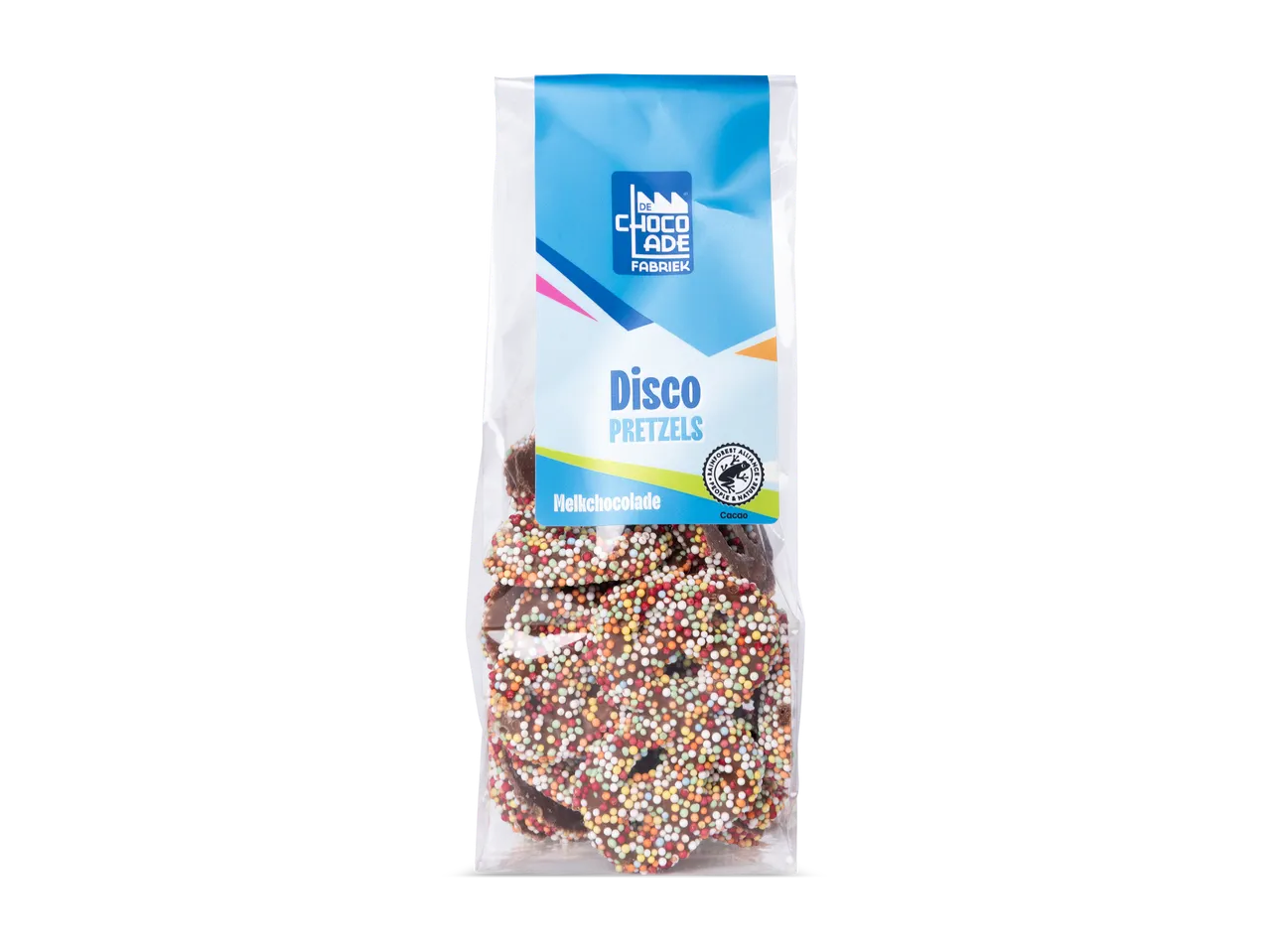 Zak met chocolade pretzels met kleurrijke hagelslag, met de tekst 'Disco Pretzels' en 'Melkchocolade'.
