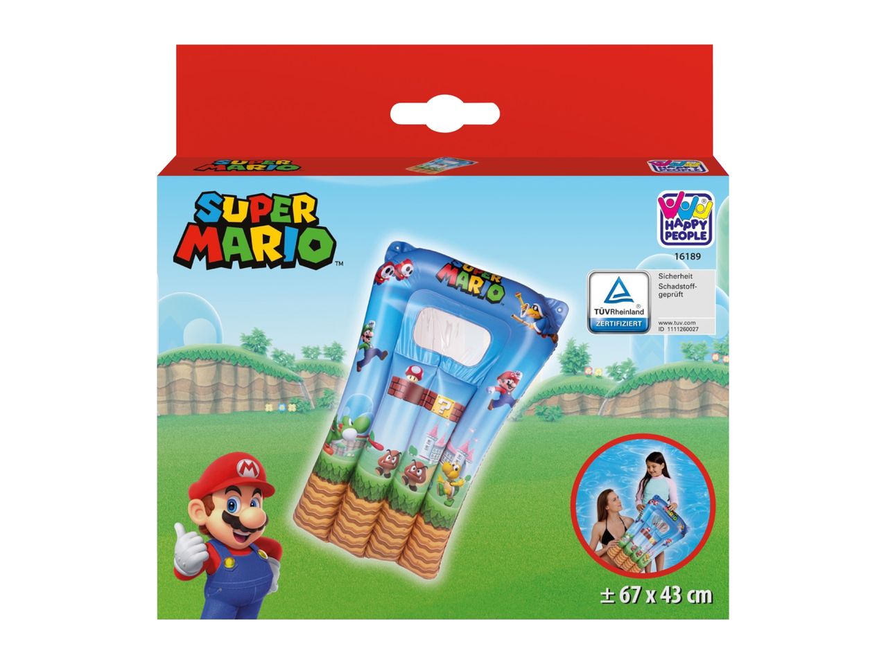 Super Mario themed inflatable pool float with TÜV Rheinland certification, 67 x 43 cm.