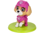 Figura de cachorro rosa com capacete e uniforme, em pé sobre uma base verde.