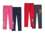 Vier Paar Kinderleggings mit Motiven von Paw Patrol und Ladybug.