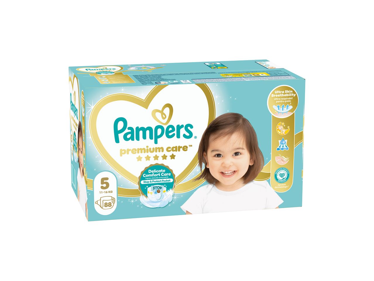 Κουτί με πάνες Pampers Premium Care, μέγεθος 5, με 88 πάνες, με ένα χαμογελαστό μωρό.