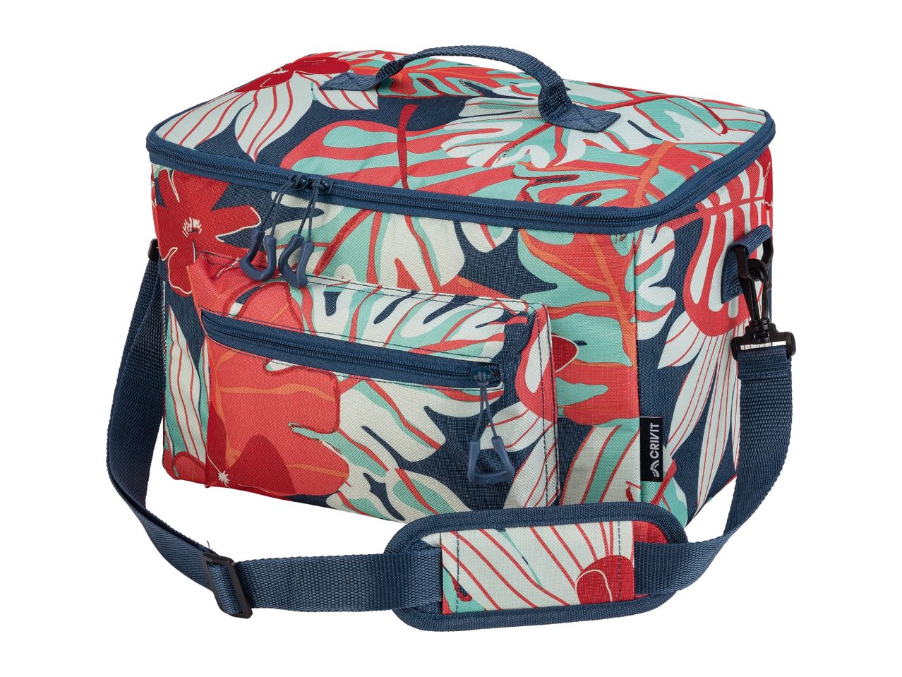 Floral patterned cooler bag with shoulder strap and front pocket