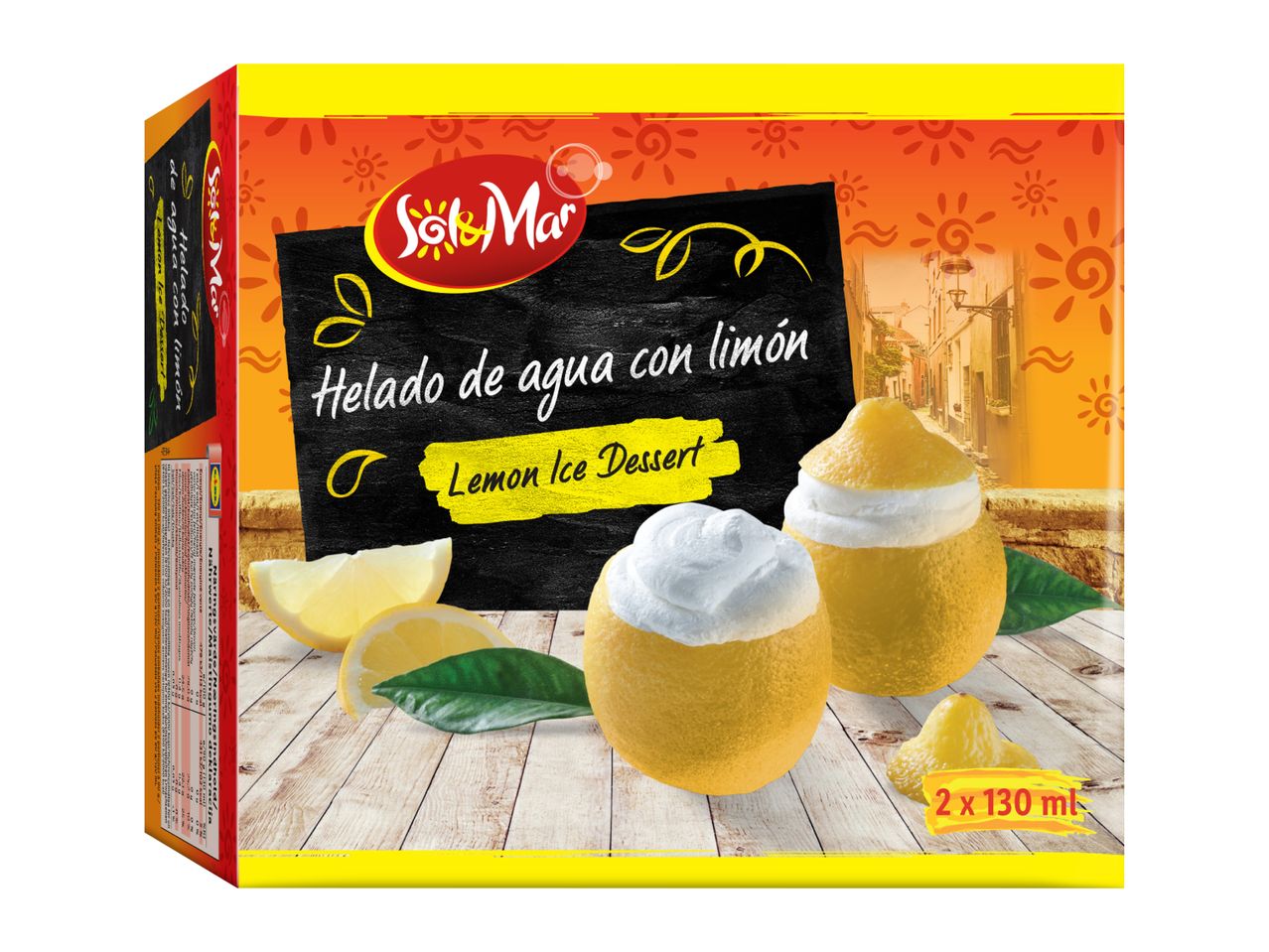 Lemon ice dessert in lemon-shaped cups, with text 'Helado de agua con limón' and 'Lemon Ice Dessert'.