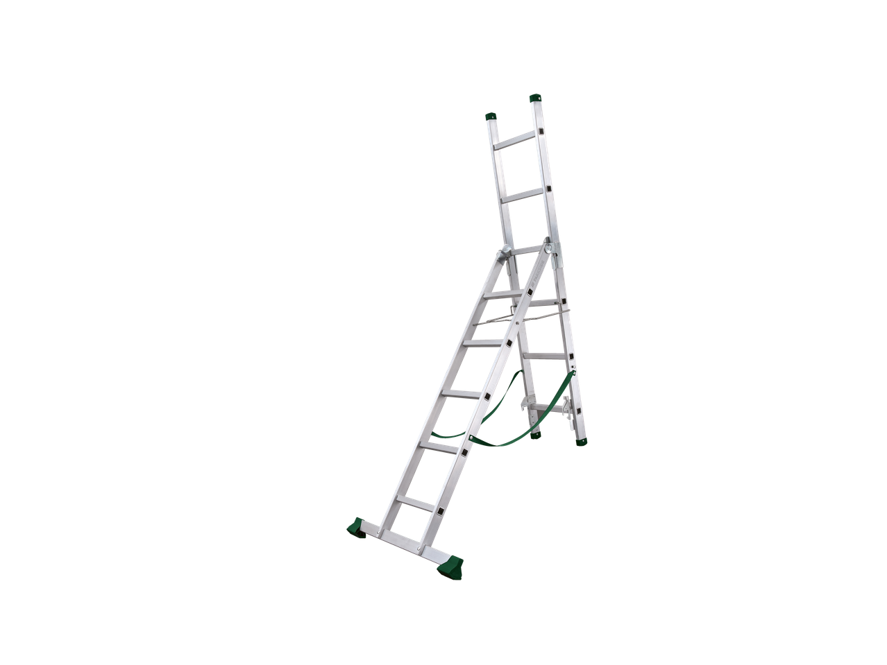 Večnamenska lestev PARKSIDE 3 v 1, srebrne barve z zelenimi detajli.