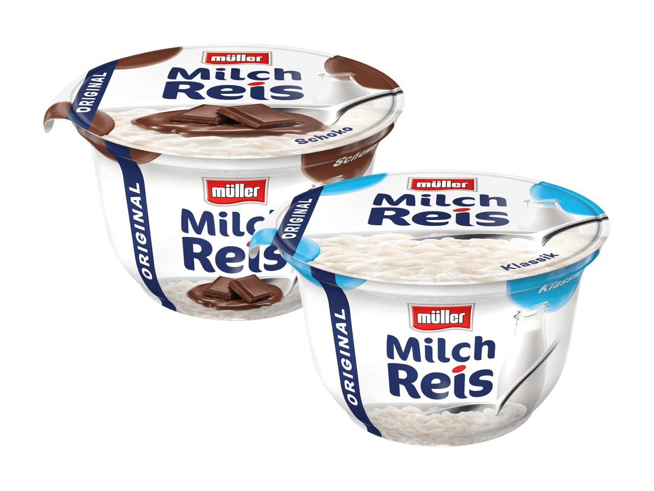 Zwei Becher Milchreis von Dr. Oetker, einer mit Schokolade.