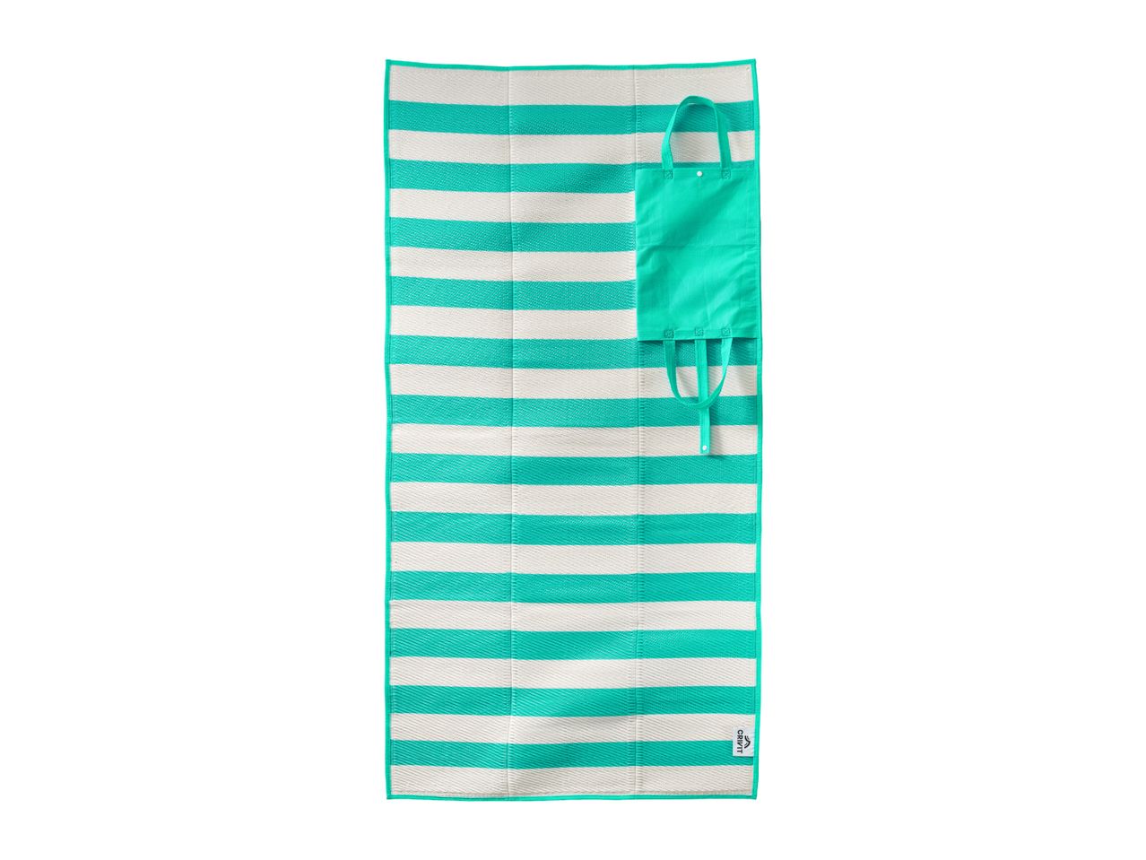 Striped beach mat with an attached turquoise bag.