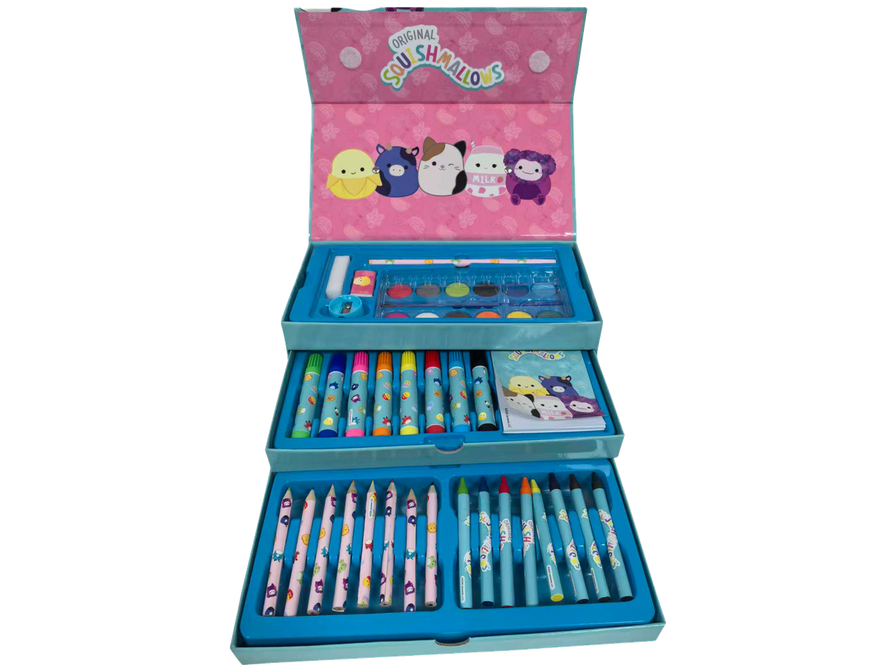 Squishmallows tekenset met kleurpotloden, stiften, waterverf en stickers.
