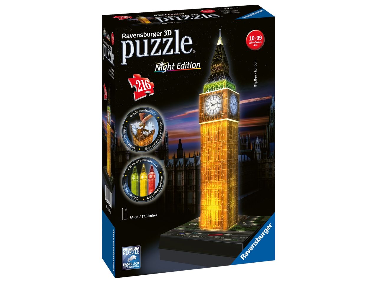 Ravensburger 3D pusle Big Ben, Night Edition, 216 tükki ja värvi muutev LED-valgustus.