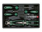 Screwdriver and pliers set in a black plastic tray, including a voltage tester.