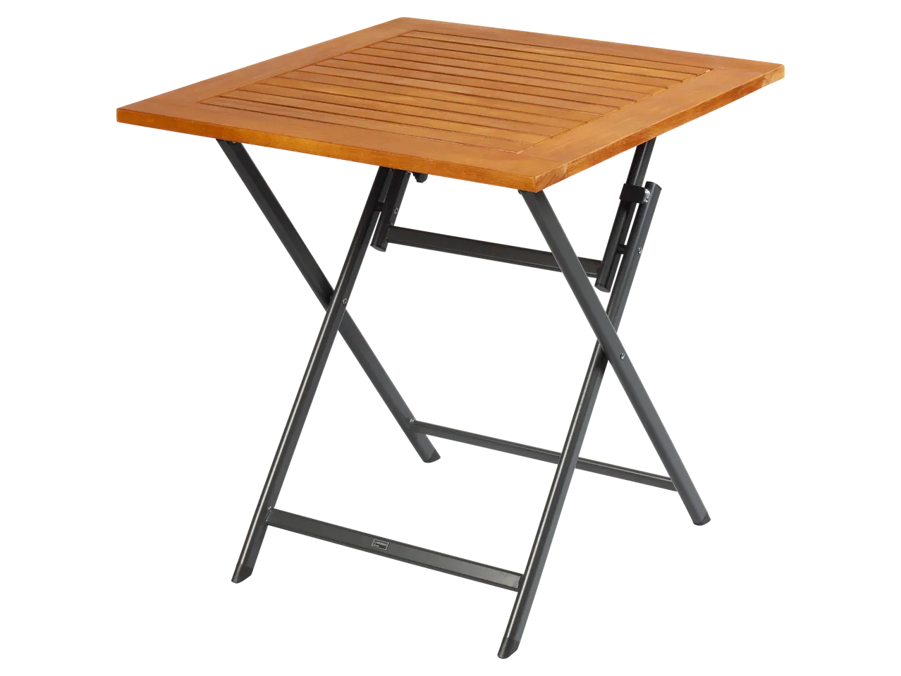 Klappbarer Holz-Garten-Tisch mit Metallbeinen.