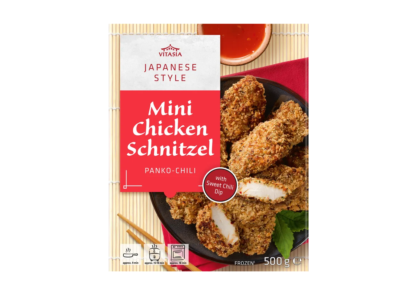 Japanese-style mini chicken schnitzel with panko-chili breading and sweet chili dip, frozen, 500g.