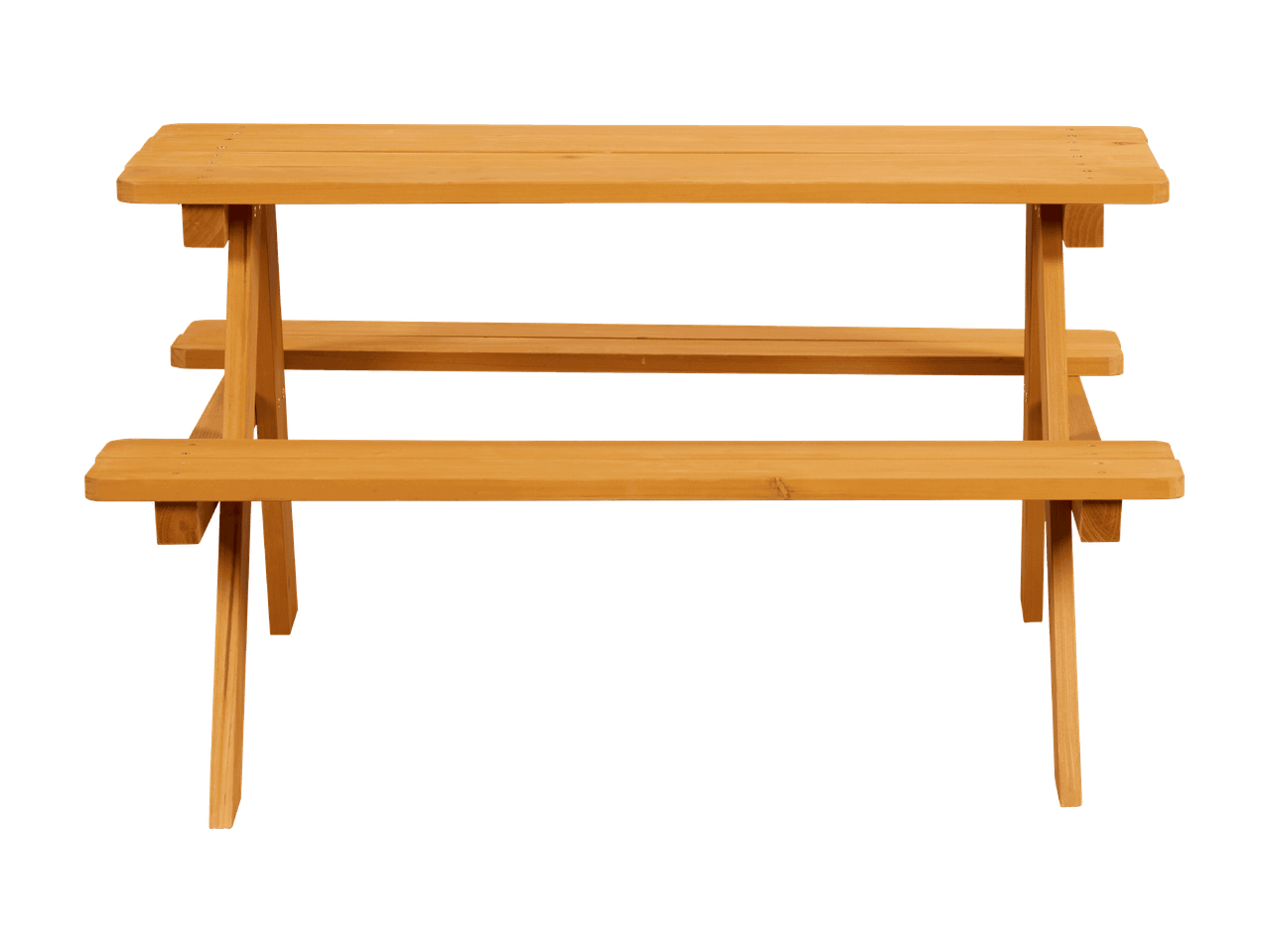 Table de pique-nique en bois avec deux bancs sur fond noir
