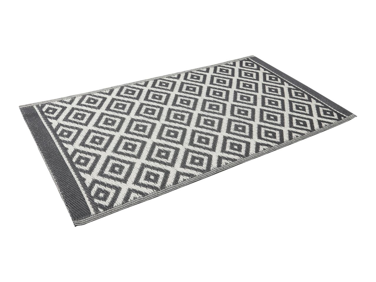 Rectangular outdoor rug with a geometric diamond pattern in grey and white.