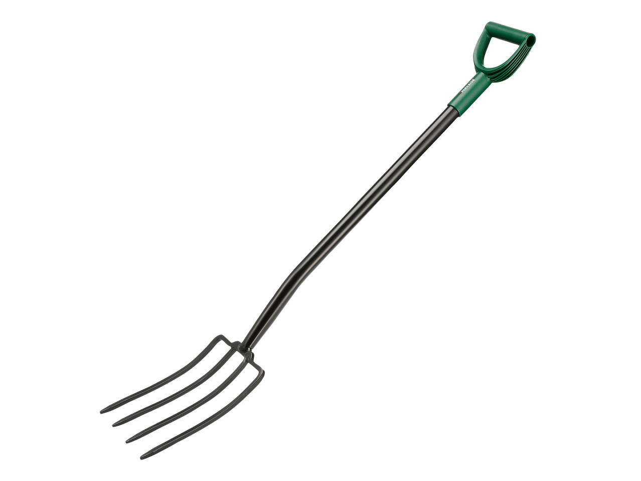 A Parkside® garden fork with a green D-handle and four tines.
