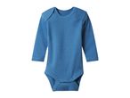 Blue long-sleeved baby bodysuit with snap fasteners