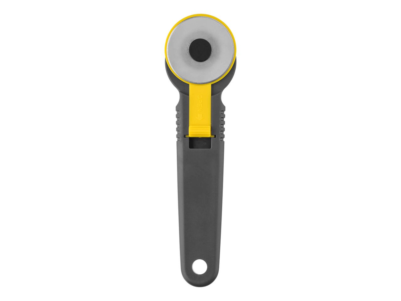 A gray and yellow rotary cutter with a circular blade and a hole at the end of the handle.