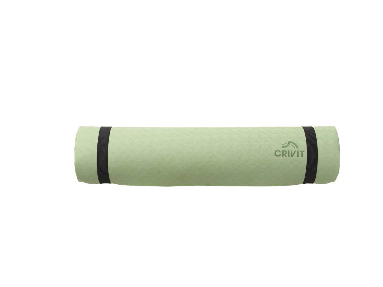 Tapete de yoga CRIVIT em verde claro, enrolado com alças pretas.