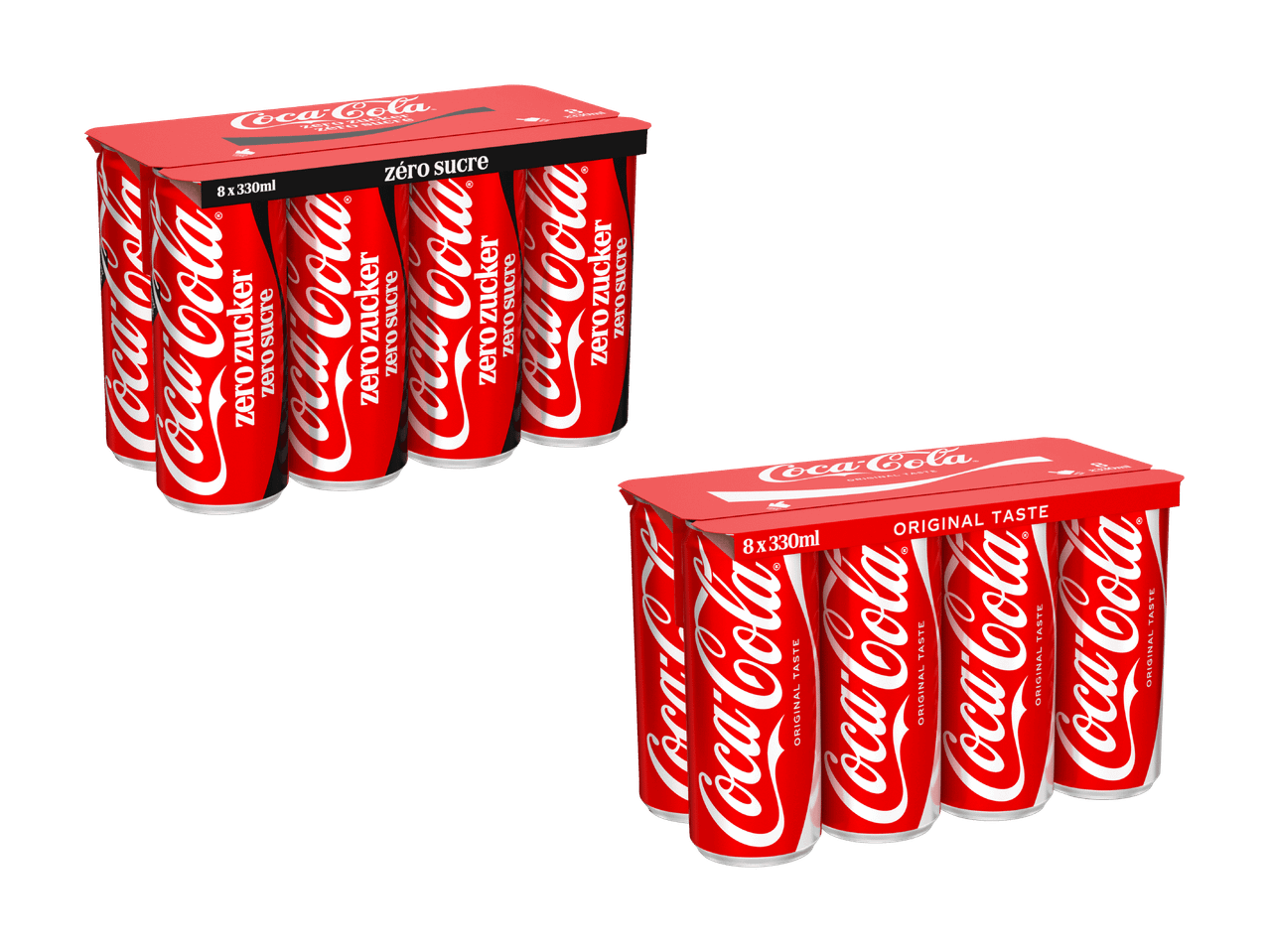 Zwei 8er-Packungen kohlensäurehaltiger Getränkedosen, eine zuckerfreie und eine Originalgeschmack-Version.