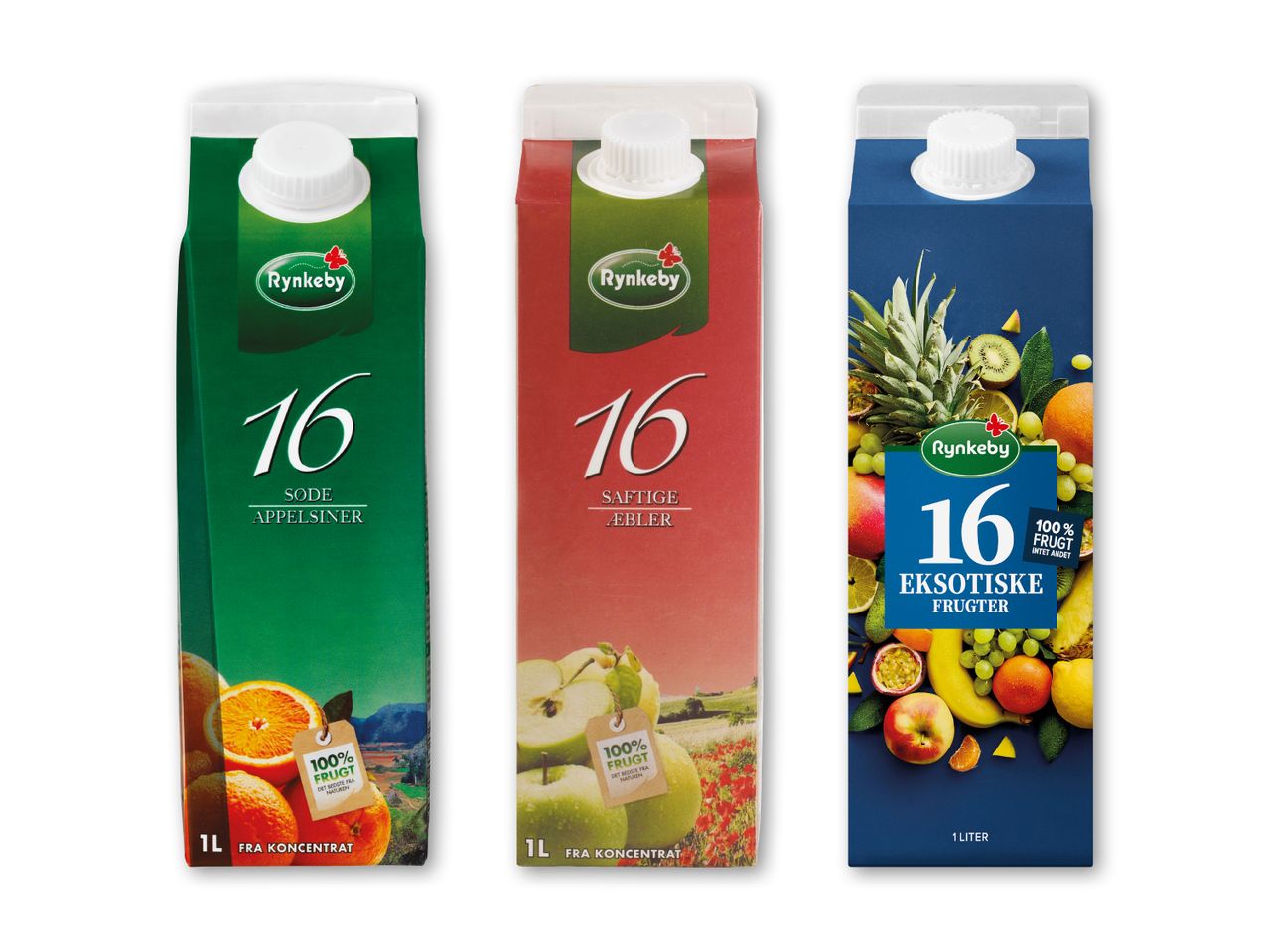 Tre kartoner med frugtjuice: appelsin, æble og eksotiske frugter, alle mærket '16'.