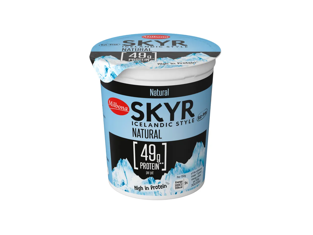 Milbona Skyr Icelandic Style Natural yogurt, fat-free, with 49g protein per pot.