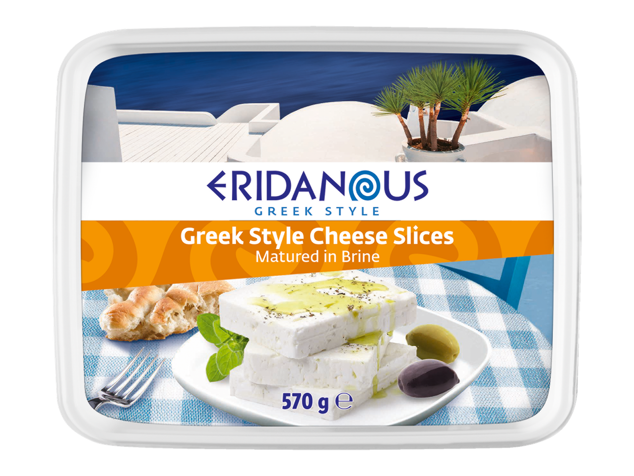 Eridanous graikiško stiliaus sūrio griežinėliai, brandinti sūryme.