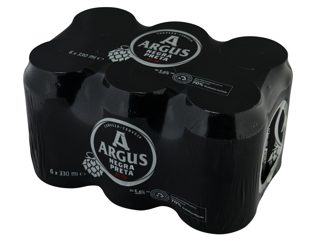 Pack de 6 cervejas Argus Cerveja Preta, garrafas de 330ml, 5,6% vol, feito com 70% de plástico reciclado.