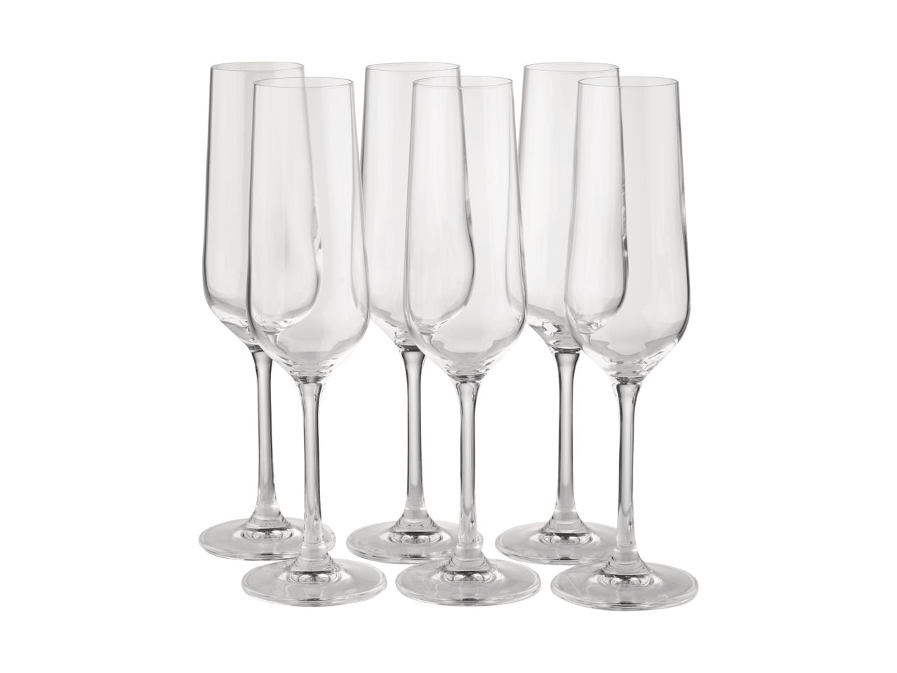 Six elegant champagne flutes arranged for display.