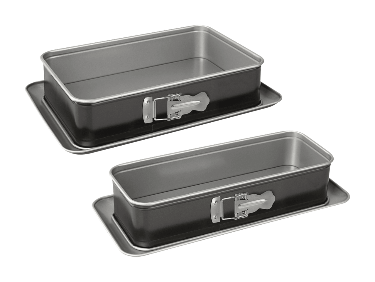 Deux moules à charnière rectangulaires en métal gris foncé avec des bases amovibles
