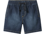 Dark blue denim shorts with an elasticated waist and drawstring.
