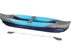Inflatable kayak with paddle, blue and grey, for two people.