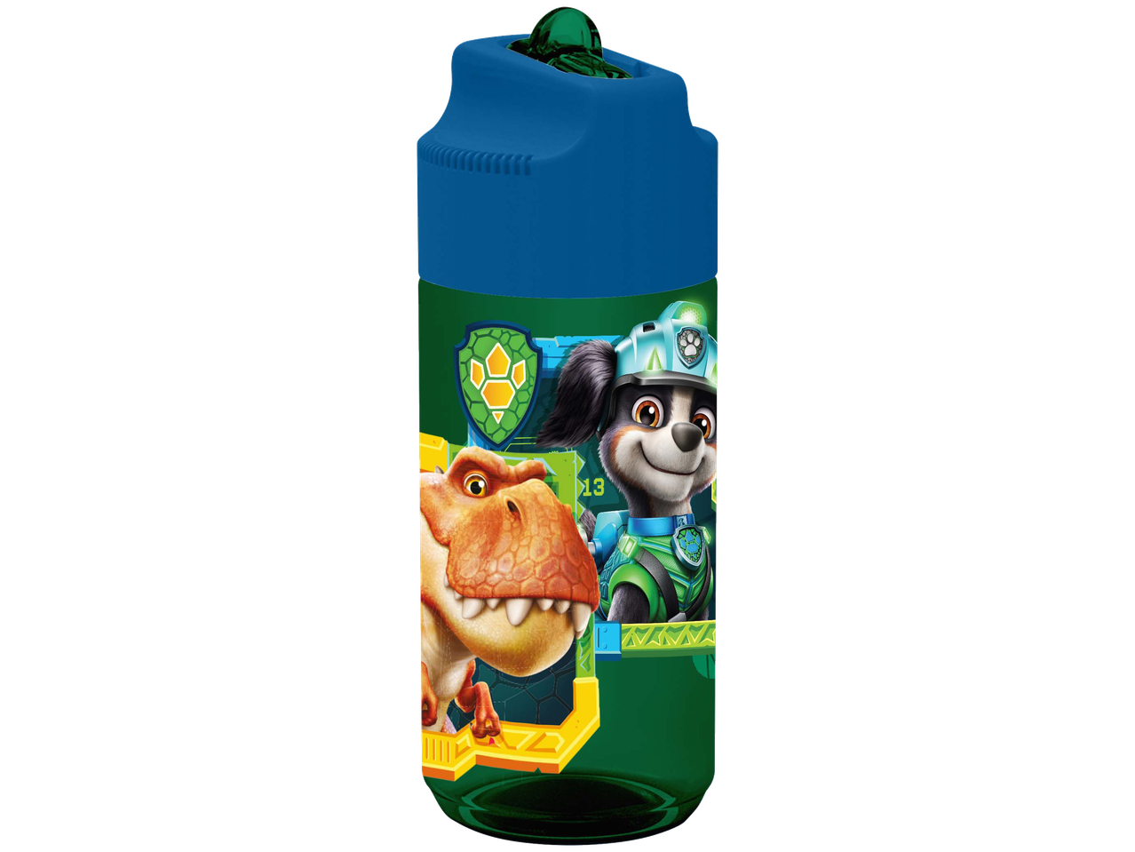 Garrafa de água PAW PATROL com dinossauro e cão de capacete, verde-azul.