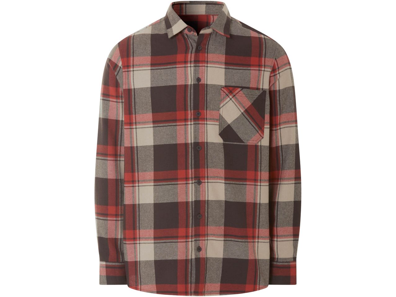 A red, brown, and beige plaid flannel shirt with a single chest pocket.