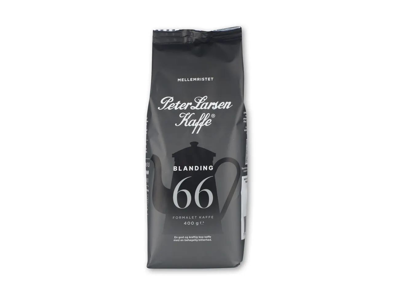 En pose Peter Larsen Kaffe Blanding 66 formalet kaffe på 400g.
