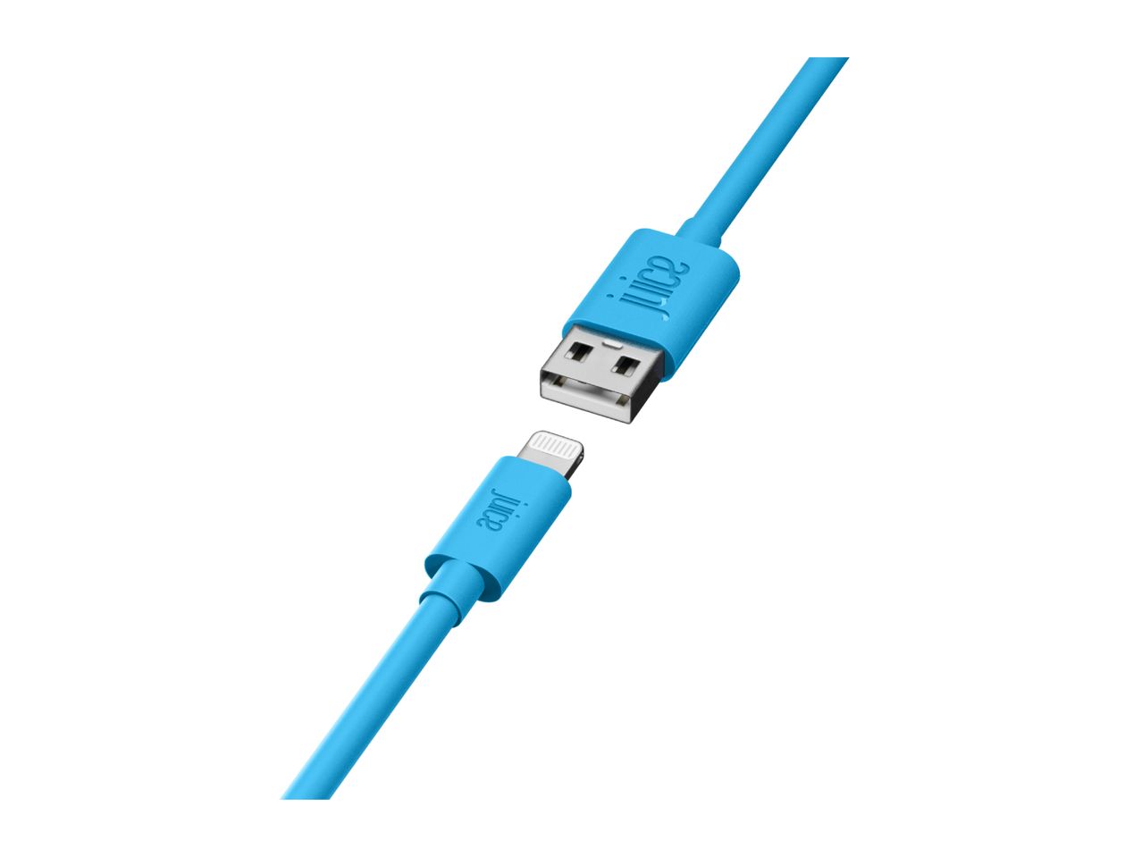 Blue Juice USB to Lightning charging cable with both ends visible.