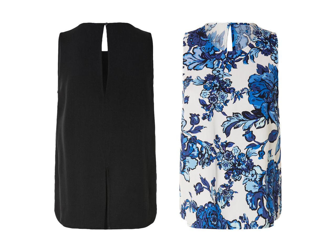 Zwei ärmellose Blusen: eine schwarze und eine mit blau-weissem Blumenmuster.