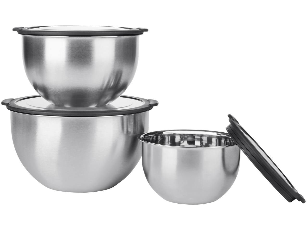 SILVERCREST® Bowl Set with Lids, three stainless steel bowls with black lids