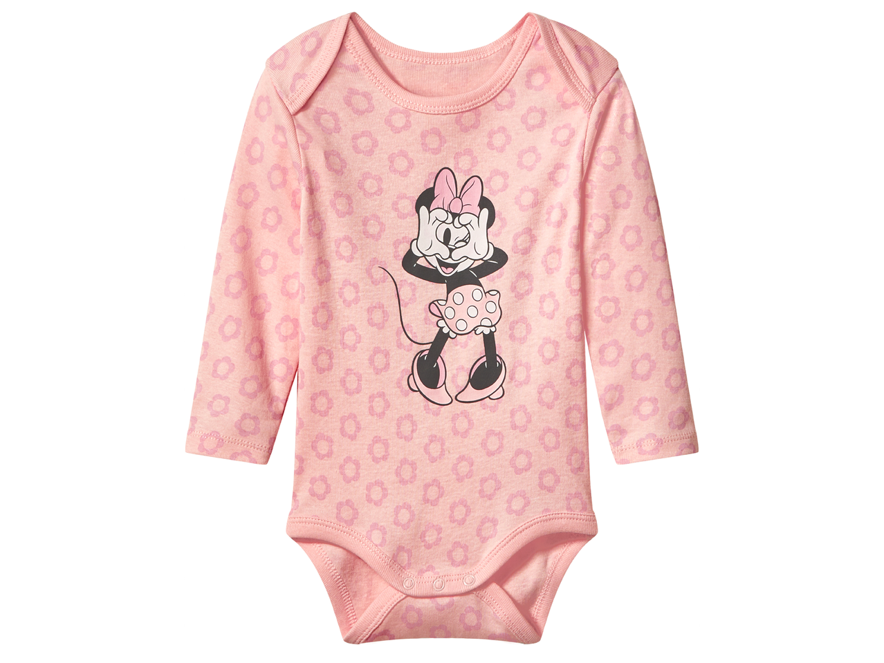 Розово бебешко боди с дълъг ръкав, щампа на Мини Маус и флорални мотиви.