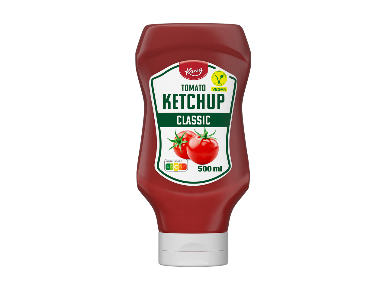 Kania paradicsom ketchup Classic, 500 ml, Nutri-Score B, vegán.
